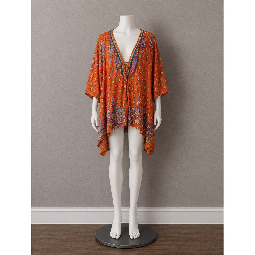 Womens  Tunic Cover Up Blouse 1X Boho Kaftan Orange Paisley Sharkbite Hem